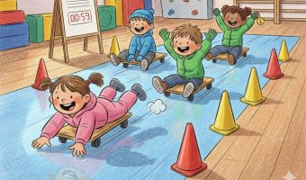 Winterspiele in der Kita: Rennrodeln mit dem Rollbrett