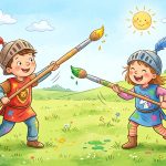 Die Vorbereitung: Markieren Sie ein kleines Spielfeld. Die beiden kleinen Ritter stellen sich im Abstand von etwa einem Meter gegenüber auf. Die Bewaffnung: Jedes Kind bekommt einen der langstieligen Malerpinsel in die Hand – das ist das "Ritterschwert". Das Ziel des Spiels: Auf ein Startsignal versuchen beide Kinder, sich gegenseitig mit dem Pinsel zu treffen. Dabei zählt jeder Körpertreffer als ein Punkt. Die goldene Ritter-Regel: Sicherheit und Fairness gehen vor! Der Spielpartner darf ausschließlich mit den weichen Borsten des Pinsels berührt werden. Ein Treffer mit dem Holzstiel ist ungültig. Der Sieger: Wer nach einer festgelegten Zeit (z. B. einer Minute) die meisten Pinselstriche auf dem Körper des Gegners "gemalt" hat, gewinnt die Runde. Tipp für Erzieher und Eltern: Um das Ritterspiel noch spannender zu gestalten, können Sie den Kindern kleine Aufkleber geben, die sie sich bei einem Treffer auf die Kleidung kleben. So lassen sich die Punkte am Ende des Kampfes ganz einfach und fair zusammenzählen!