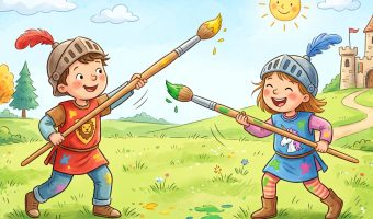 Die Vorbereitung: Markieren Sie ein kleines Spielfeld. Die beiden kleinen Ritter stellen sich im Abstand von etwa einem Meter gegenüber auf. Die Bewaffnung: Jedes Kind bekommt einen der langstieligen Malerpinsel in die Hand – das ist das "Ritterschwert". Das Ziel des Spiels: Auf ein Startsignal versuchen beide Kinder, sich gegenseitig mit dem Pinsel zu treffen. Dabei zählt jeder Körpertreffer als ein Punkt. Die goldene Ritter-Regel: Sicherheit und Fairness gehen vor! Der Spielpartner darf ausschließlich mit den weichen Borsten des Pinsels berührt werden. Ein Treffer mit dem Holzstiel ist ungültig. Der Sieger: Wer nach einer festgelegten Zeit (z. B. einer Minute) die meisten Pinselstriche auf dem Körper des Gegners "gemalt" hat, gewinnt die Runde. Tipp für Erzieher und Eltern: Um das Ritterspiel noch spannender zu gestalten, können Sie den Kindern kleine Aufkleber geben, die sie sich bei einem Treffer auf die Kleidung kleben. So lassen sich die Punkte am Ende des Kampfes ganz einfach und fair zusammenzählen!